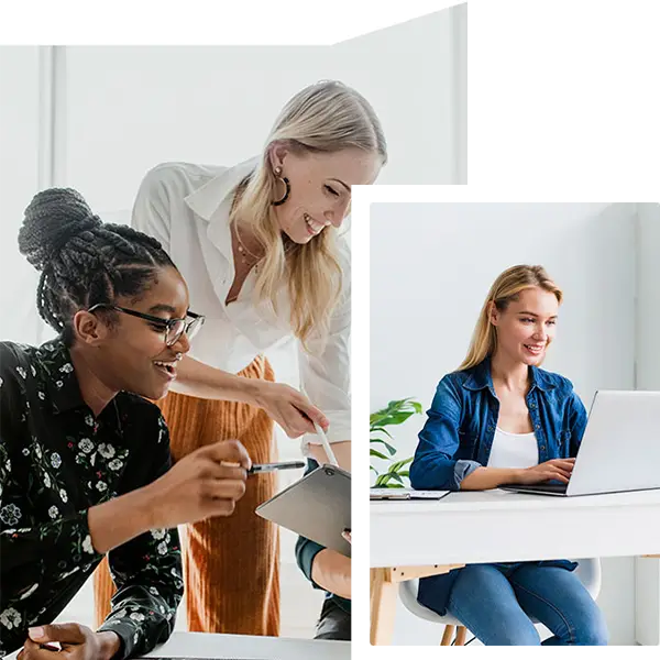 Two images In the left image two women collaborate using a tablet On the right a woman works on a laptop at a desk