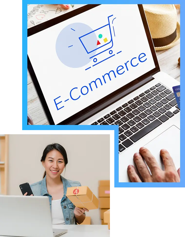 Collage showing a laptop screen with E Commerce displayed a person typing on a keyboard and a person holding a phone while preparing a package