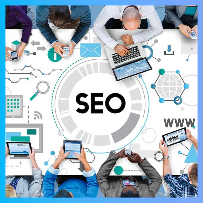 People working on various digital devices around the word SEO with graphics related to search engine optimization in the background