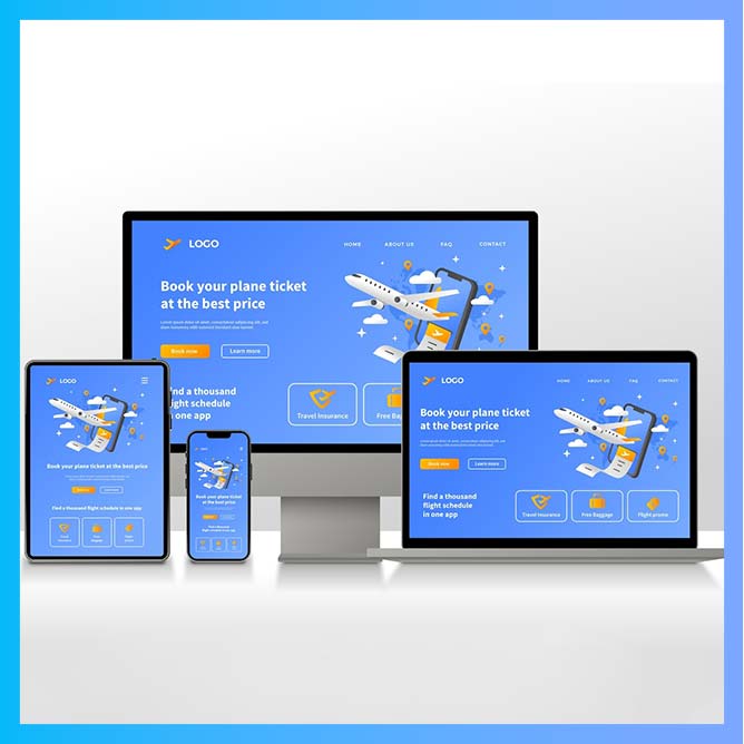 A digital advertisement displaying a flight booking website on various devices a desktop computer a laptop a tablet and two smartphones showcasing responsive web design