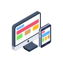 Isometric illustration of a desktop computer and a smartphone displaying colorful web pages The devices have similar layouts shown on their screens