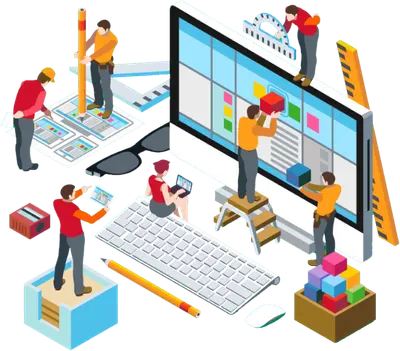 Illustration of five people building a website, with one person on a laptop, two working on a large computer screen, one arranging blocks, and another using a ladder. A large keyboard and stationery are visible as they integrate an email capture form into the design.